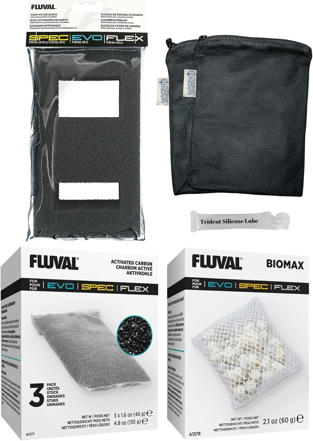 SPEC (3 Gal,5 Gal) | EVO(5 Gal) | Flex (9 Gal) Maintenance & Replacement Filter Media Kit, Including Trident Mesh Bags(SPEC EVO Flex Activated Carbon 3-Packs, BioMax, Foam Filter Block)