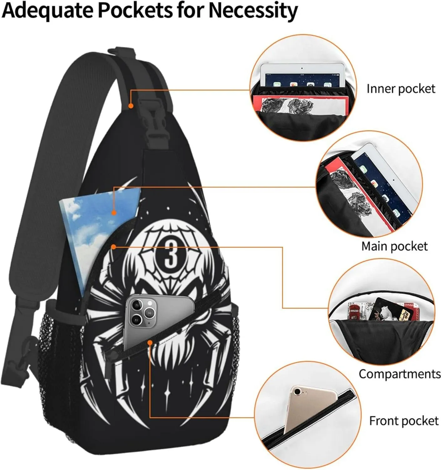 Spider Skull Pattern Sling Backpack Crossbody Bag, Chest Bag Daypack for Outdoors Hiking Traveling