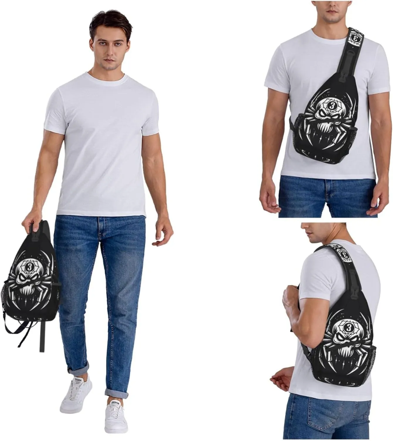 Spider Skull Pattern Sling Backpack Crossbody Bag, Chest Bag Daypack for Outdoors Hiking Traveling