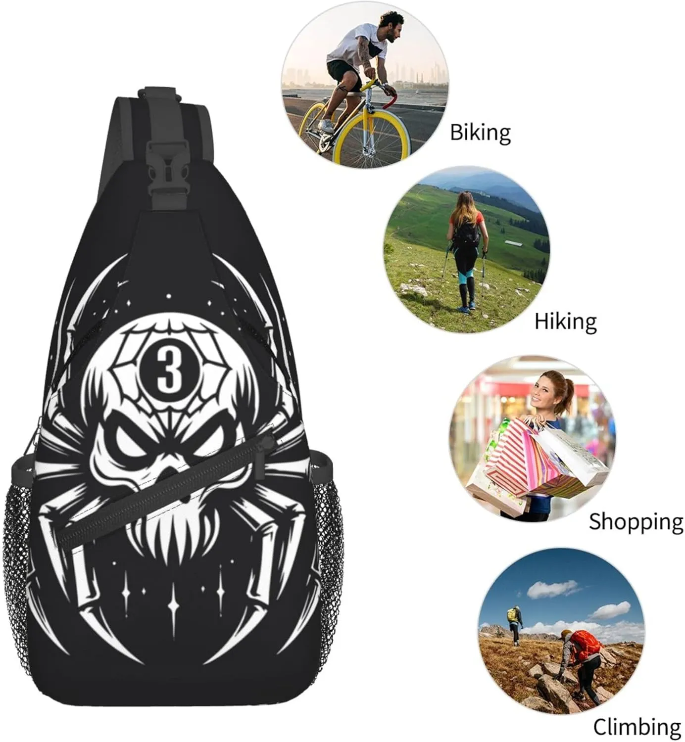 Spider Skull Pattern Sling Backpack Crossbody Bag, Chest Bag Daypack for Outdoors Hiking Traveling
