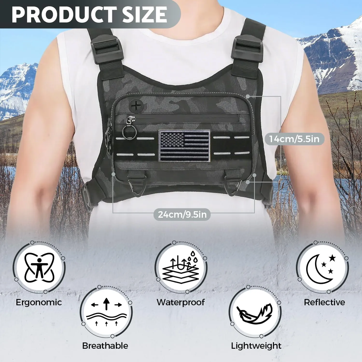 Sports Chest Bag For Men Women, Water Resistant Lightweight Front Chest Pack, Running Vest Bag With Built-In Phone Holder & Extra Storage For Workouts, Running, Cycling (Camo)