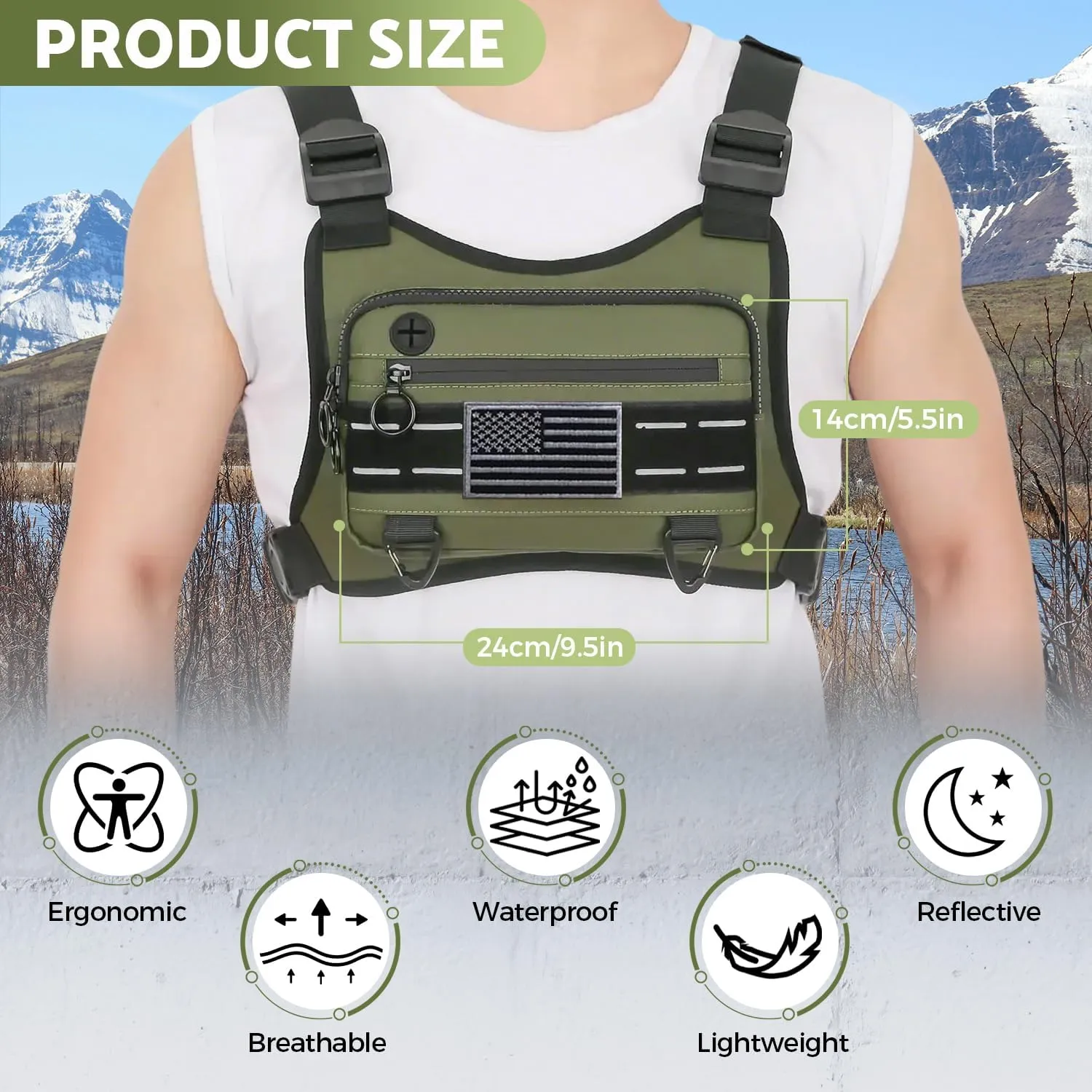 Sports Chest Bag For Men Women, Water Resistant Lightweight Front Chest Pack, Running Vest Bag With Built-In Phone Holder & Extra Storage For Workouts, Running, Cycling (Olive)
