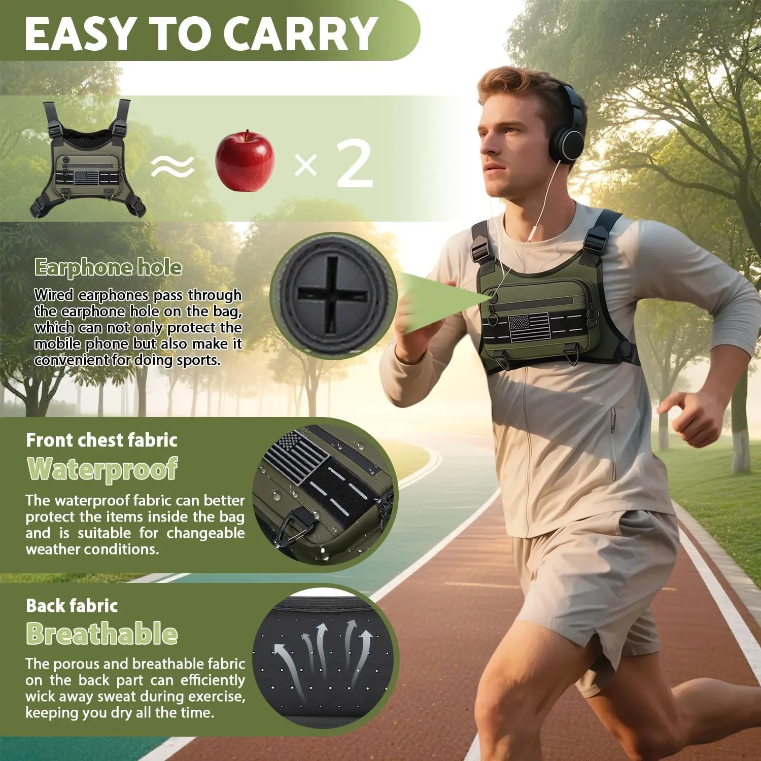 Sports Chest Bag For Men Women, Water Resistant Lightweight Front Chest Pack, Running Vest Bag With Built-In Phone Holder & Extra Storage For Workouts, Running, Cycling (Olive)