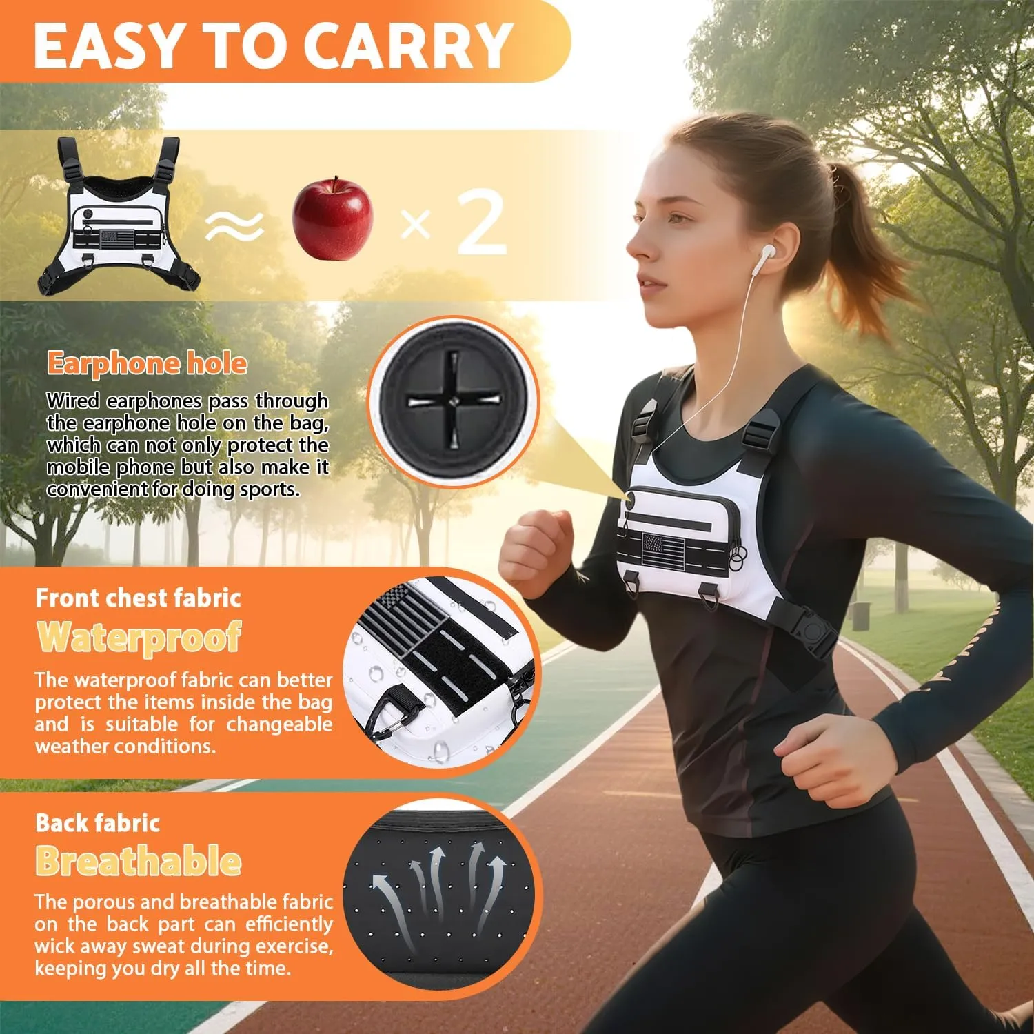 Sports Chest Bag For Men Women, Water Resistant Lightweight Front Chest Pack, Running Vest Bag With Built-In Phone Holder & Extra Storage For Workouts, Running, Cycling (White)