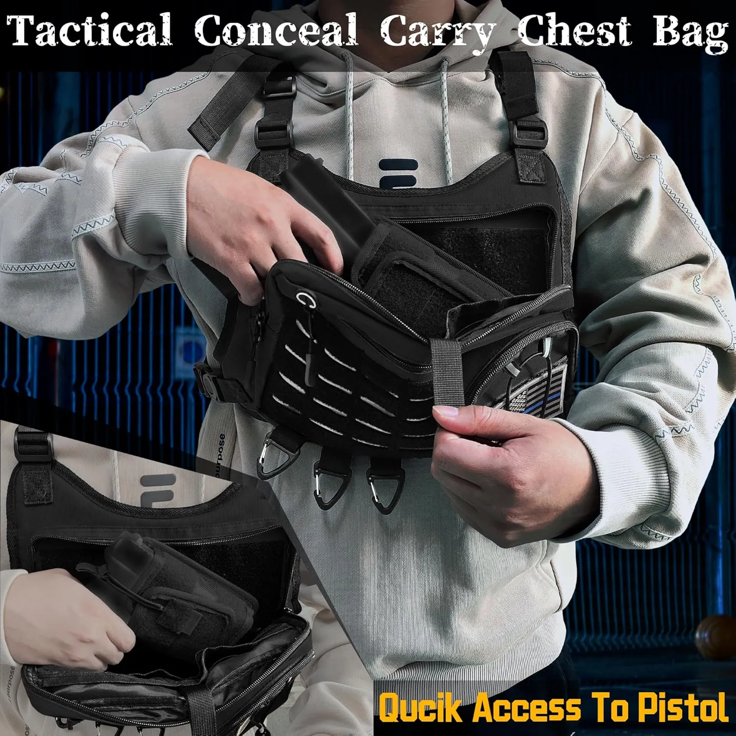 Sports Chest Bag with Pistol Holster For Men,Lightweight Front Running Vest Bag Built-In Phone Holder,EDC Travel Pack