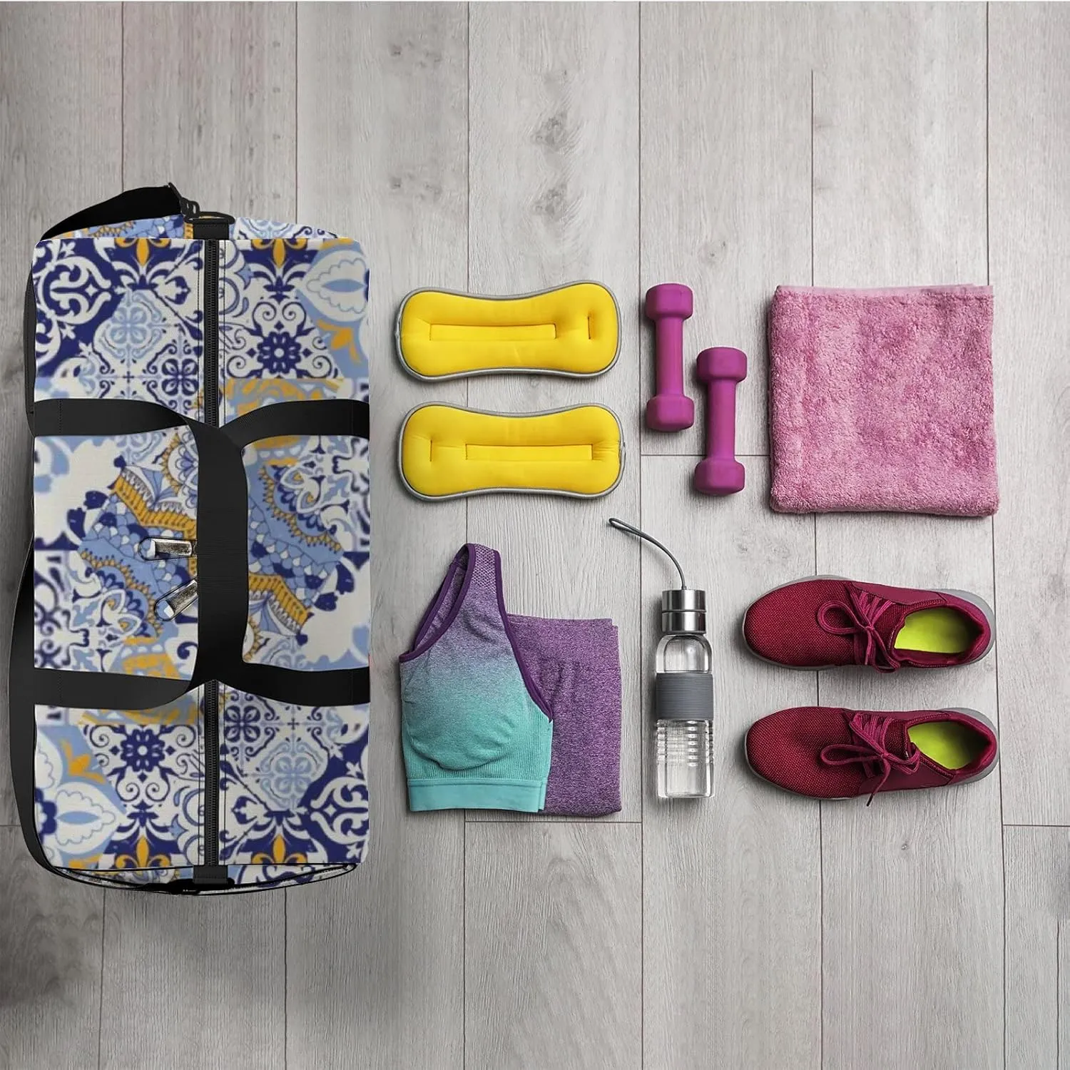 Sports Gym Bag for Women and Men Waterproof Colorful Patchwork Blue Yellow Duffel Bag Lightweight Carryon Traveling Boarding Gripsack