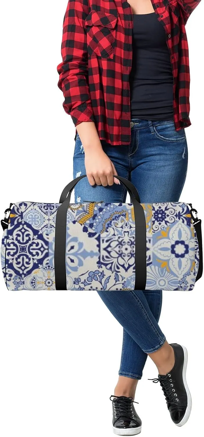 Sports Gym Bag for Women and Men Waterproof Colorful Patchwork Blue Yellow Duffel Bag Lightweight Carryon Traveling Boarding Gripsack