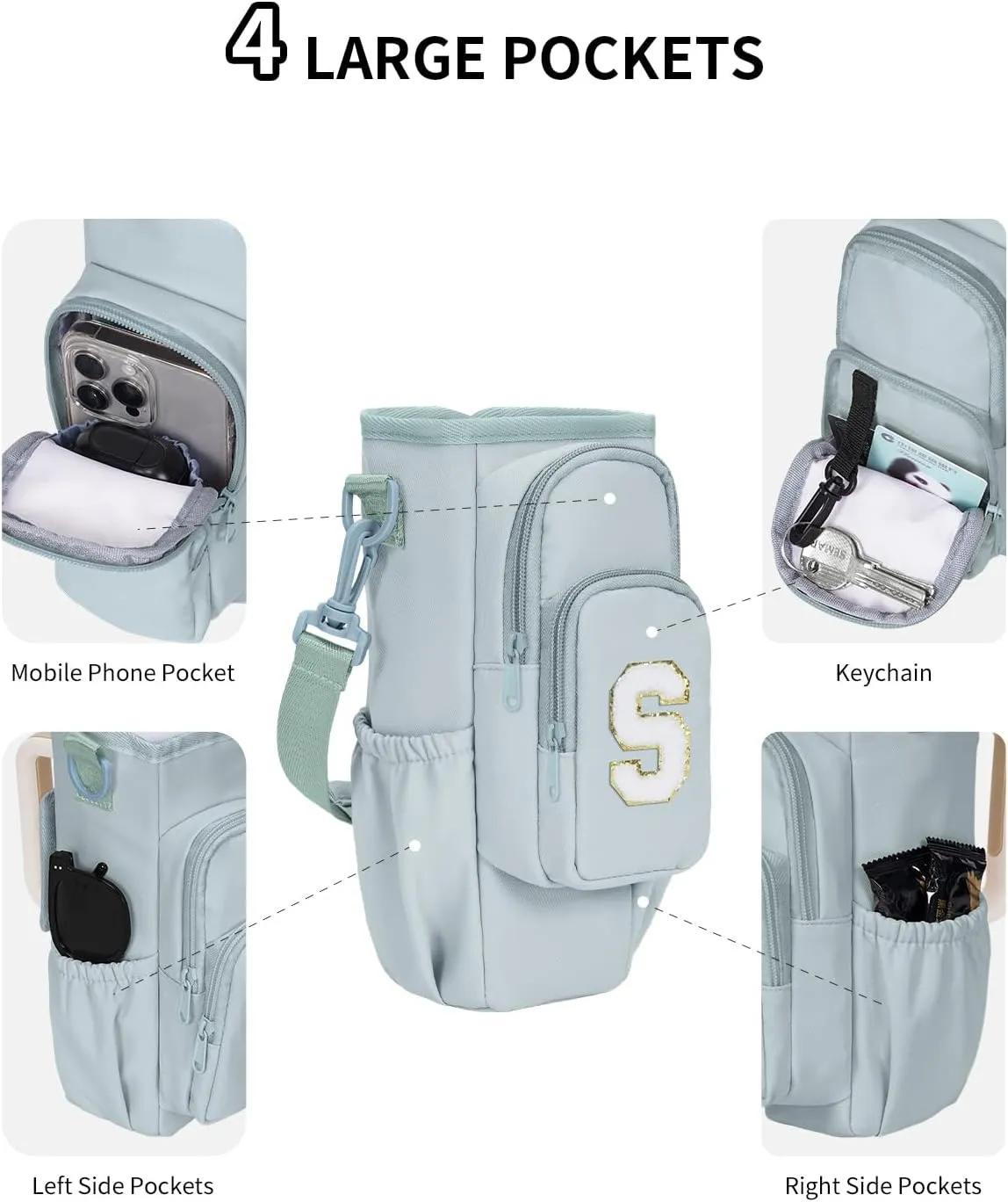 sportsnew Gifts for Mom Water Bottle Carrier Bag for Stanley Brumate era 40 oz Tumbler with Phone Pocket Personalized Initial Water Bottle Holder with Strap & Straw Toppers Stanley Cup Accessories