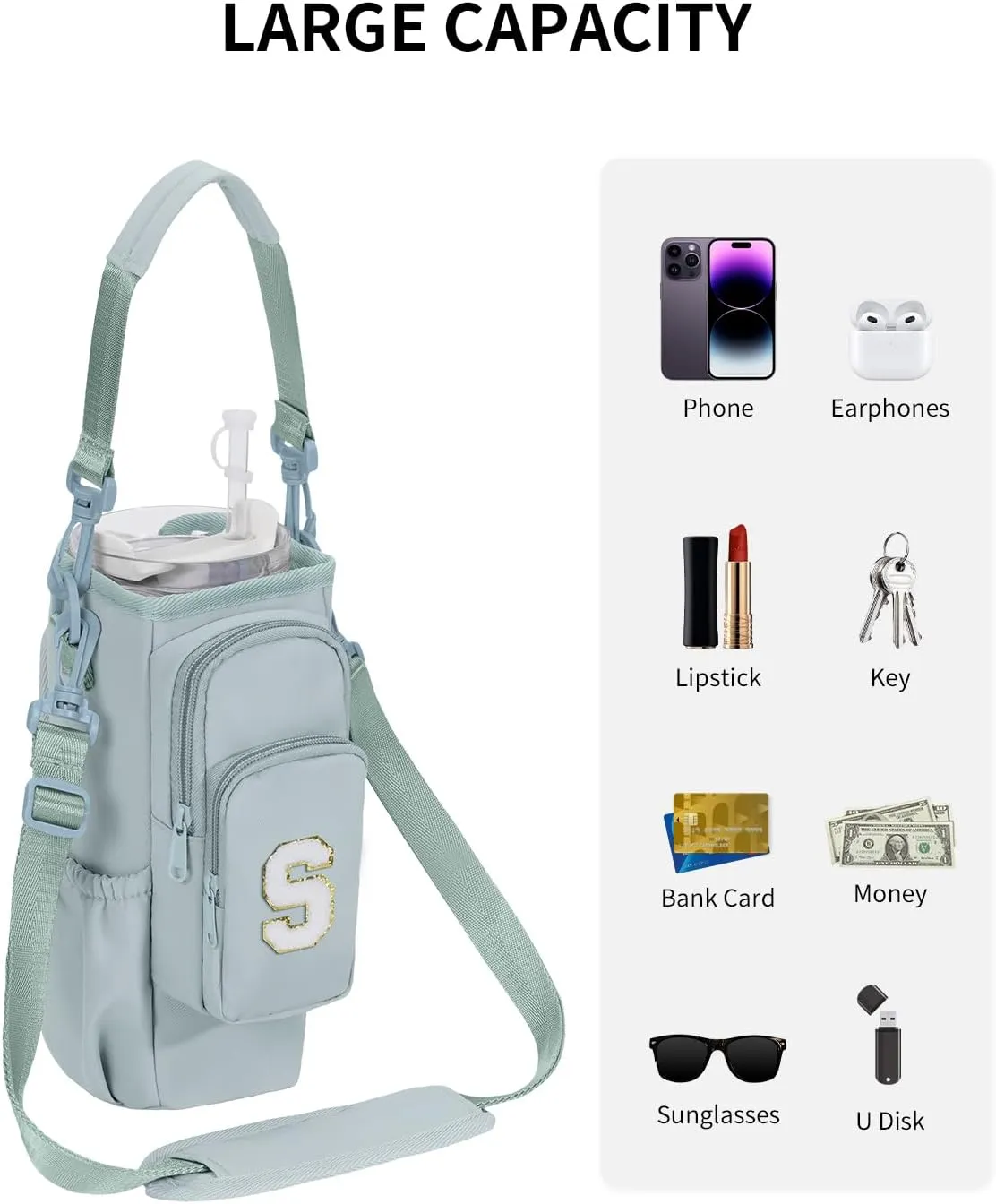 sportsnew Gifts for Mom Water Bottle Carrier Bag for Stanley Brumate era 40 oz Tumbler with Phone Pocket Personalized Initial Water Bottle Holder with Strap & Straw Toppers Stanley Cup Accessories