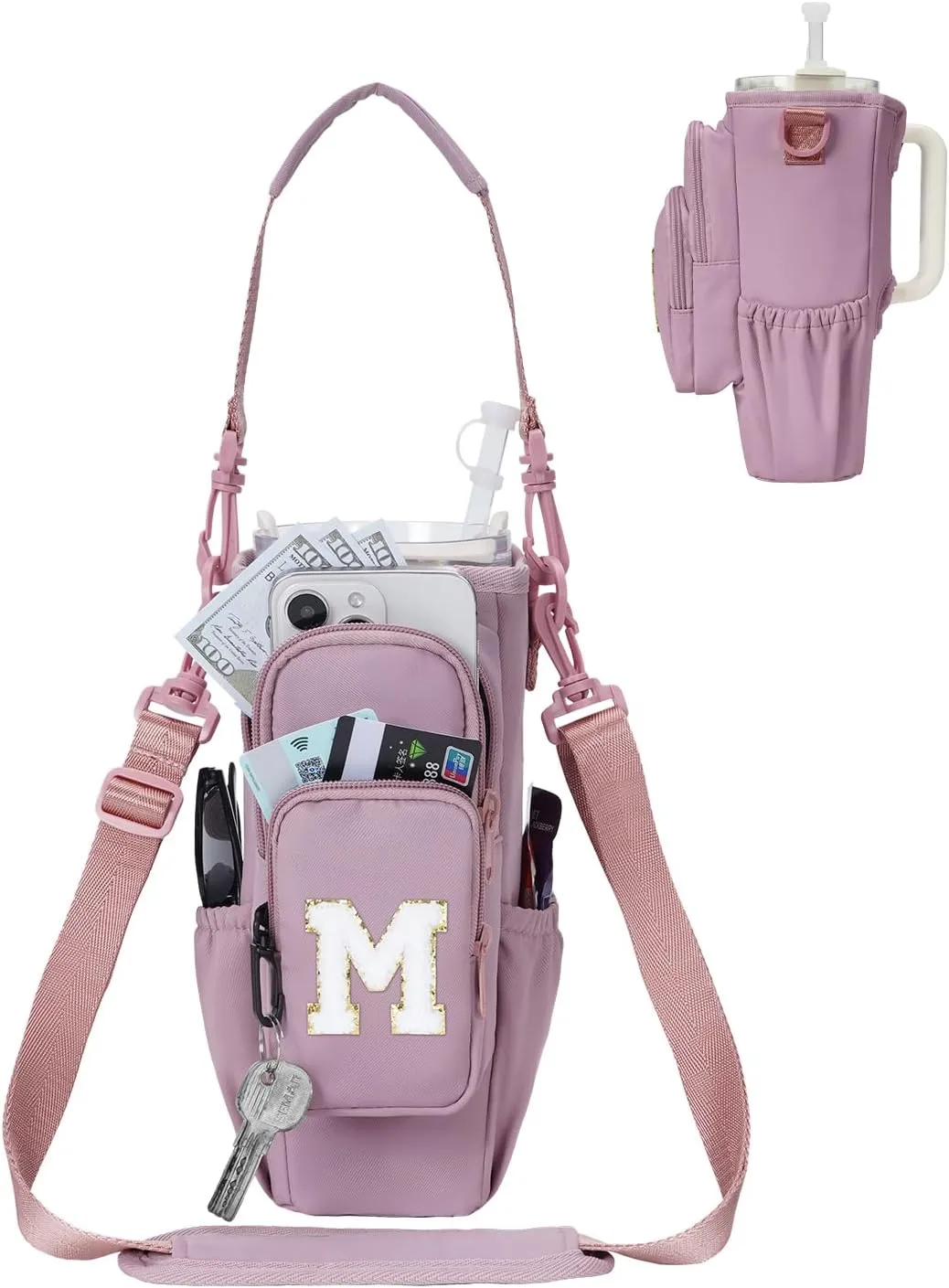 sportsnew Gifts for Mom Water Bottle Carrier Bag for Stanley Brumate era 40 oz Tumbler with Phone Pocket Personalized Initial Water Bottle Holder with Strap & Straw Toppers Stanley Cup Accessories
