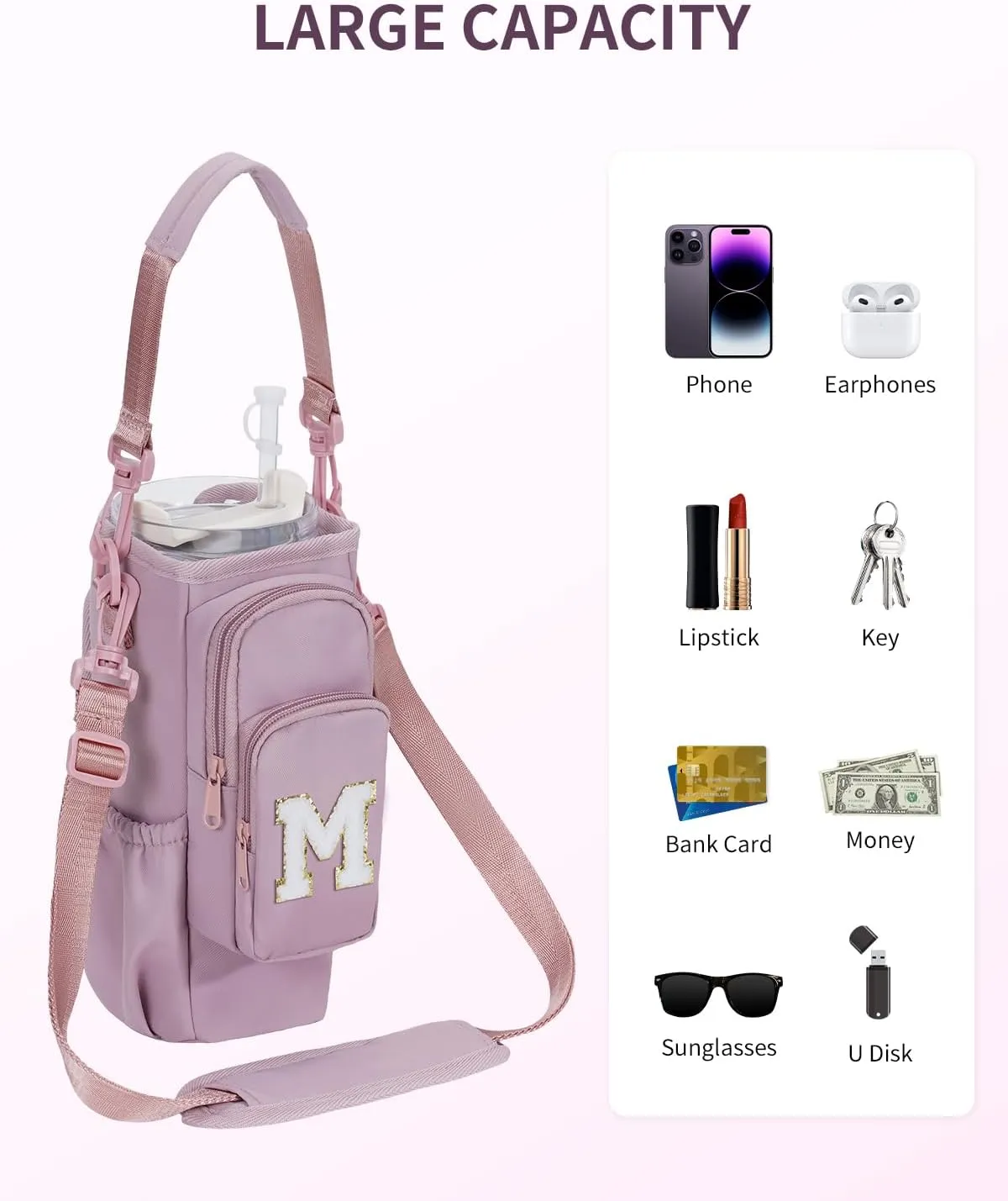 sportsnew Gifts for Mom Water Bottle Carrier Bag for Stanley Brumate era 40 oz Tumbler with Phone Pocket Personalized Initial Water Bottle Holder with Strap & Straw Toppers Stanley Cup Accessories