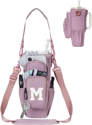 sportsnew Gifts for Mom Water Bottle Carrier Bag for Stanley Brumate era 40 oz Tumbler with Phone Pocket Personalized Initial Water Bottle Holder with Strap & Straw Toppers Stanley Cup Accessories