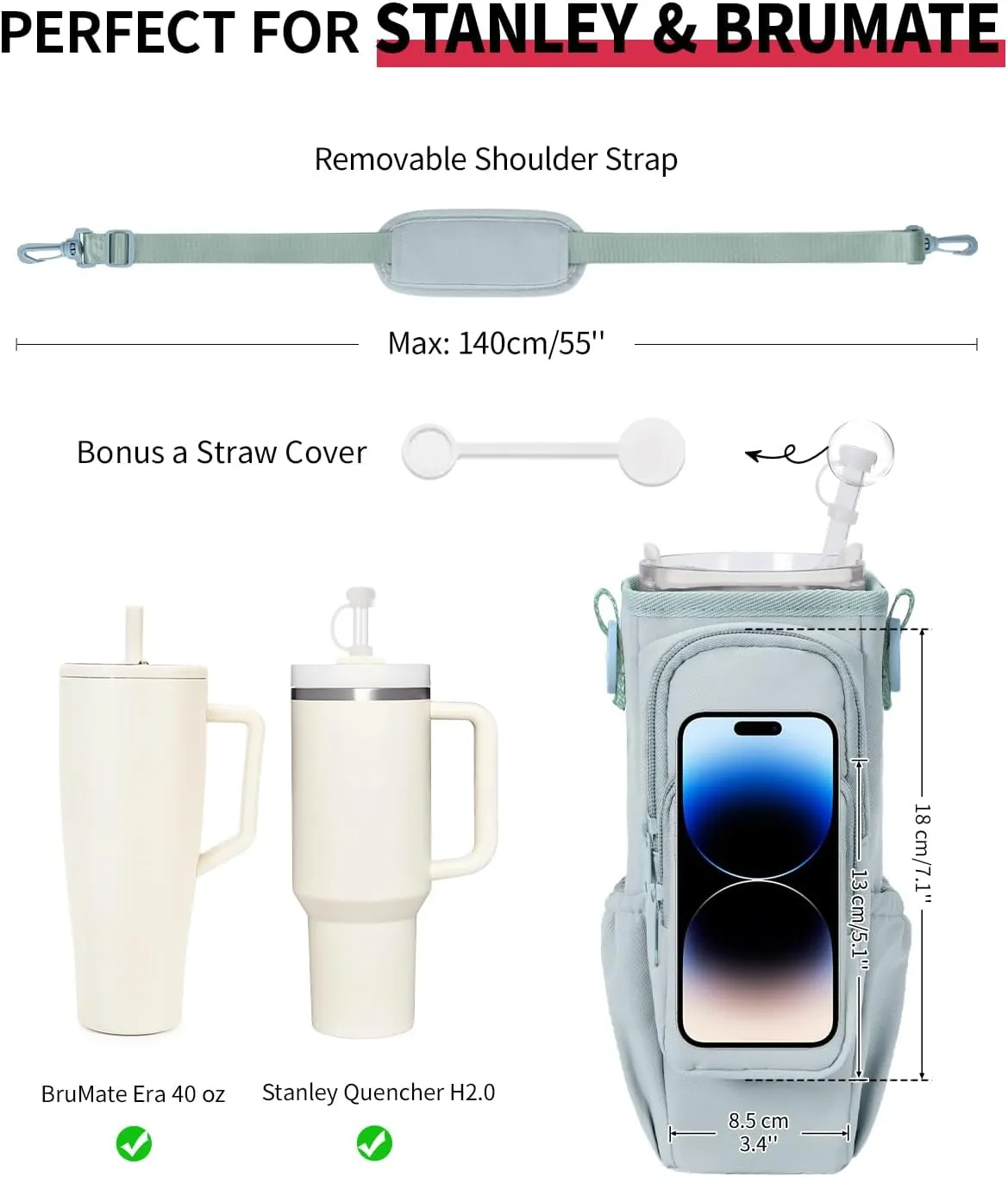 sportsnew Gifts for Mom Water Bottle Carrier Bag for Stanley Brumate era 40 oz Tumbler with Phone Pocket Personalized Initial Water Bottle Holder with Strap & Straw Toppers Stanley Cup Accessories