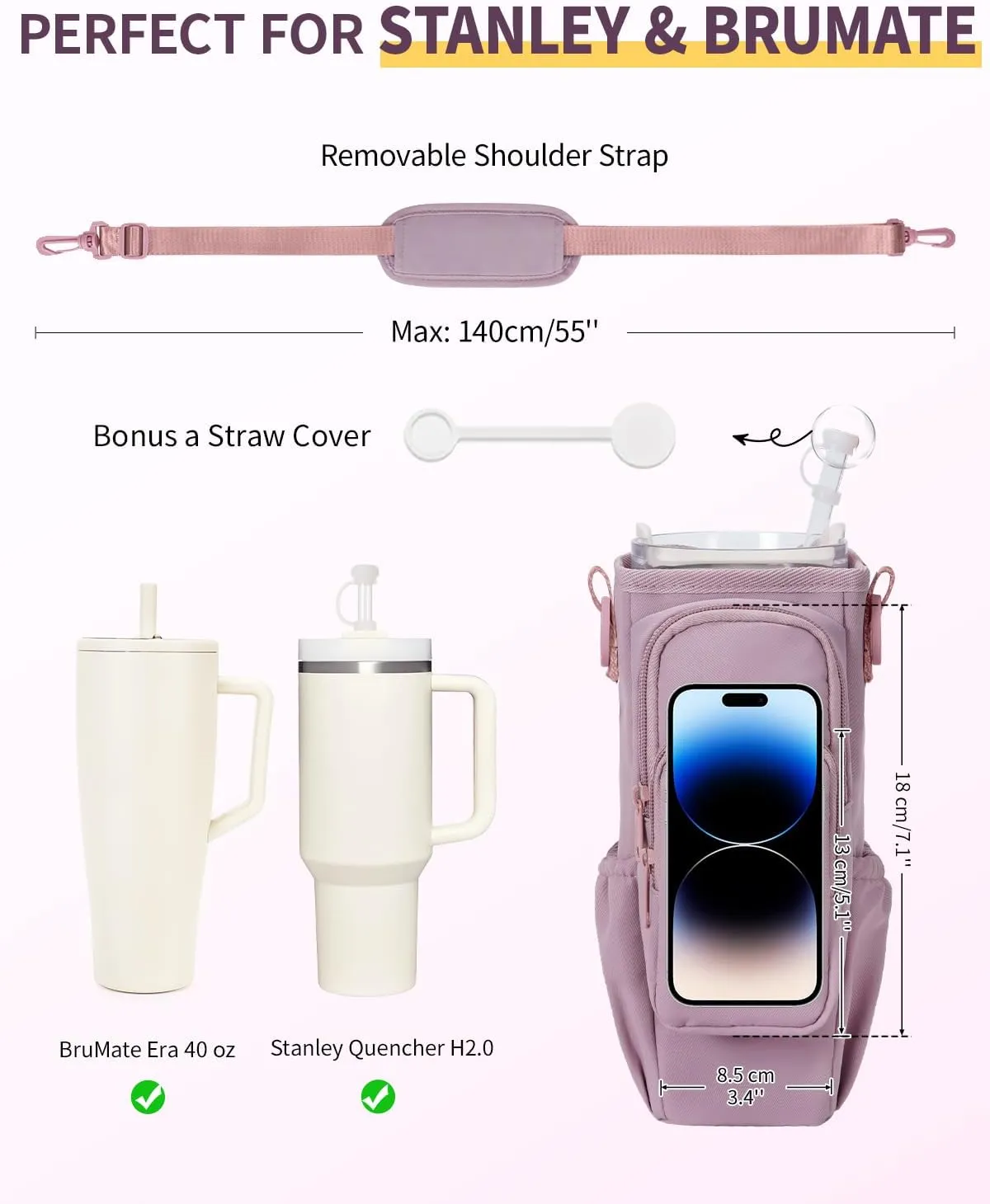 sportsnew Gifts for Mom Water Bottle Carrier Bag for Stanley Brumate era 40 oz Tumbler with Phone Pocket Personalized Initial Water Bottle Holder with Strap & Straw Toppers Stanley Cup Accessories