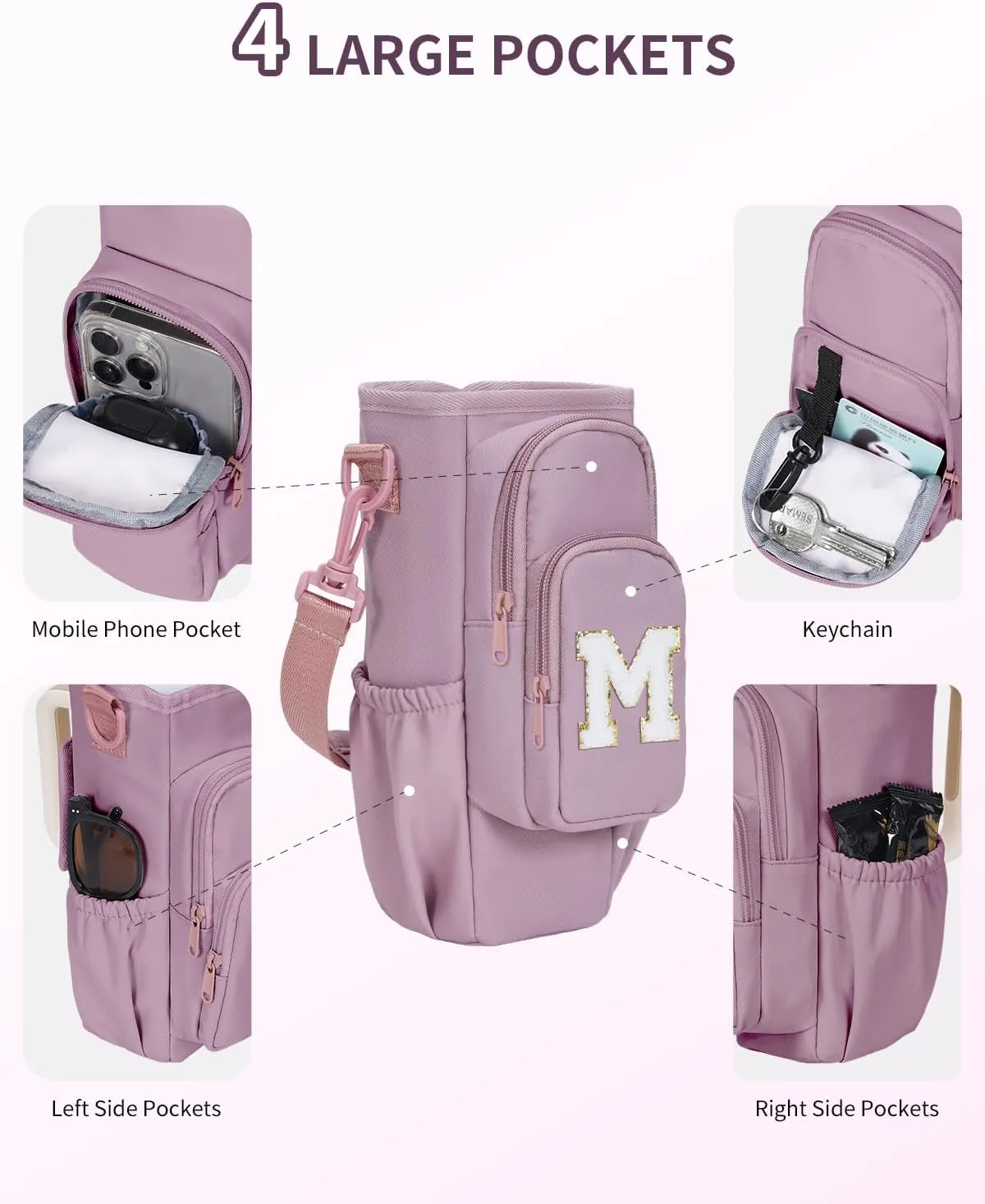 sportsnew Gifts for Mom Water Bottle Carrier Bag for Stanley Brumate era 40 oz Tumbler with Phone Pocket Personalized Initial Water Bottle Holder with Strap & Straw Toppers Stanley Cup Accessories