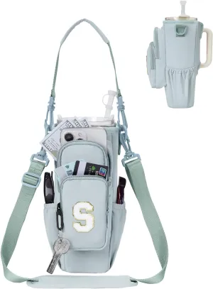 sportsnew Gifts for Mom Water Bottle Carrier Bag for Stanley Brumate era 40 oz Tumbler with Phone Pocket Personalized Initial Water Bottle Holder with Strap & Straw Toppers Stanley Cup Accessories
