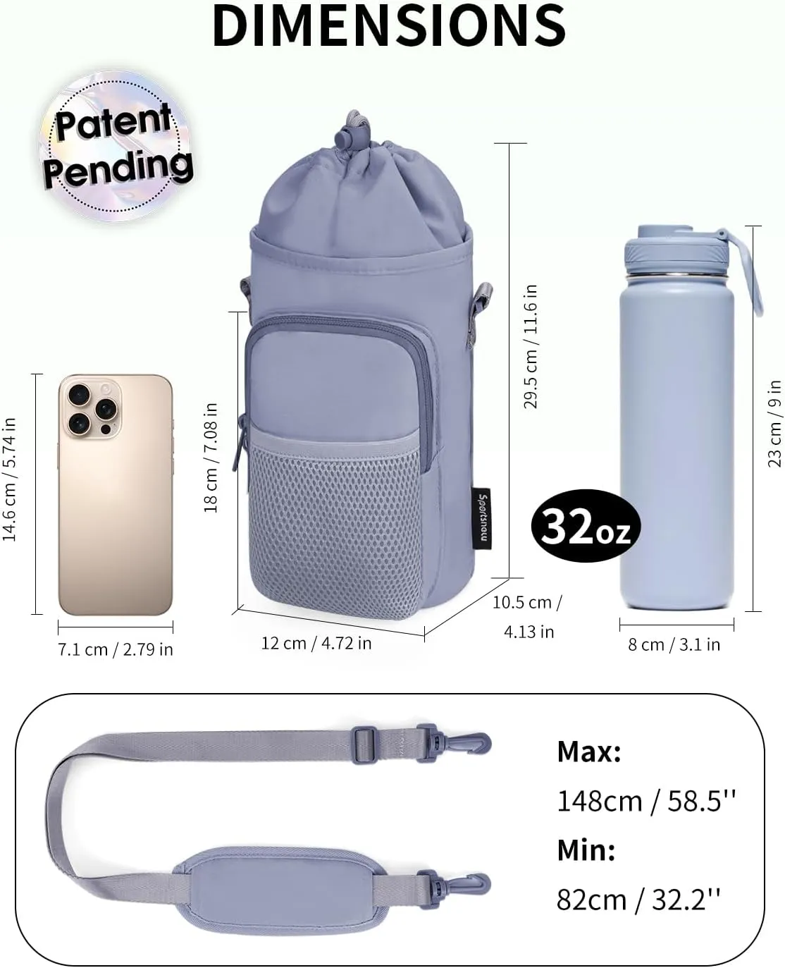 sportsnew Water Bottle Holder with Strap, 32 OZ Water Bottle Carrier Sling Bag with Adjustable Shoulder Strap Insulated Water-Resistant Water Bottle Bag for Walking Hiking, Patent Pending