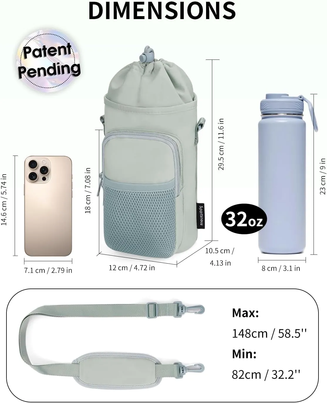 sportsnew Water Bottle Holder with Strap, 32 OZ Water Bottle Carrier Sling Bag with Adjustable Shoulder Strap Insulated Water-Resistant Water Bottle Bag for Walking Hiking, Patent Pending