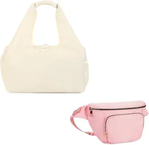 sportsnew Yoga Gym Bags for Women with Shoes Compartment and Wet Dry Storage Pockets with Adjustable Yoga Mat Holder-Beige, and Large Waist Fanny Packs for Women with Extra Extension Belt-Pink