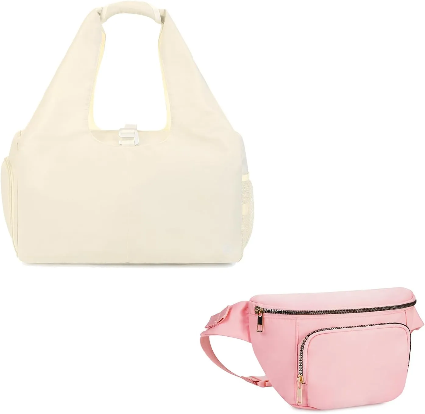 sportsnew Yoga Gym Bags for Women with Shoes Compartment and Wet Dry Storage Pockets with Adjustable Yoga Mat Holder-Beige, and Large Waist Fanny Packs for Women with Extra Extension Belt-Pink