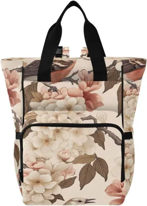 SPRIPORT Flower Sparrow Diaper Bag Backpack for Baby Boys Girls Multifunction Travel Tote with Stroller Straps & Bottle Storage Large Travel Diaper Backpack for Shopping Hiking Traveling Moms Dads