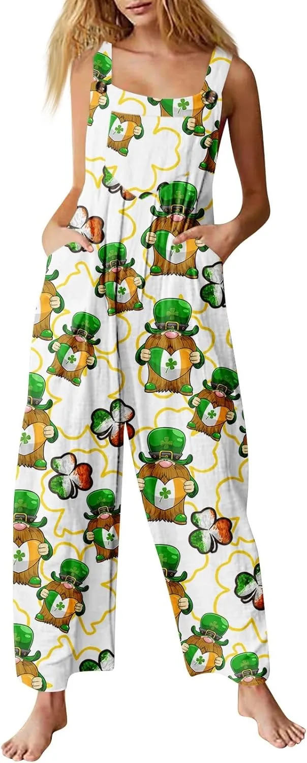 St Patty's Day Outfit Women Jumpsuits for Women Cartoon Comfy Irish Tank Top Beach Summer Jumpsuit Dressy with Pocket