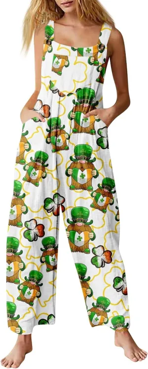 St Patty's Day Outfit Women Jumpsuits for Women Cartoon Comfy Irish Tank Top Beach Summer Jumpsuit Dressy with Pocket