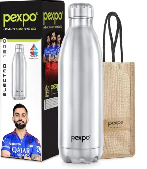 Stainless Steel 24 Hrs Hot & Cold Water Bottle-Advance Tri-ply Vacuum Insulated Flask, Double Walled, Leakproof, (Pack of 1, Silver Color, Capacity 1800 ml, Electro Bottle with Jute Bag)
