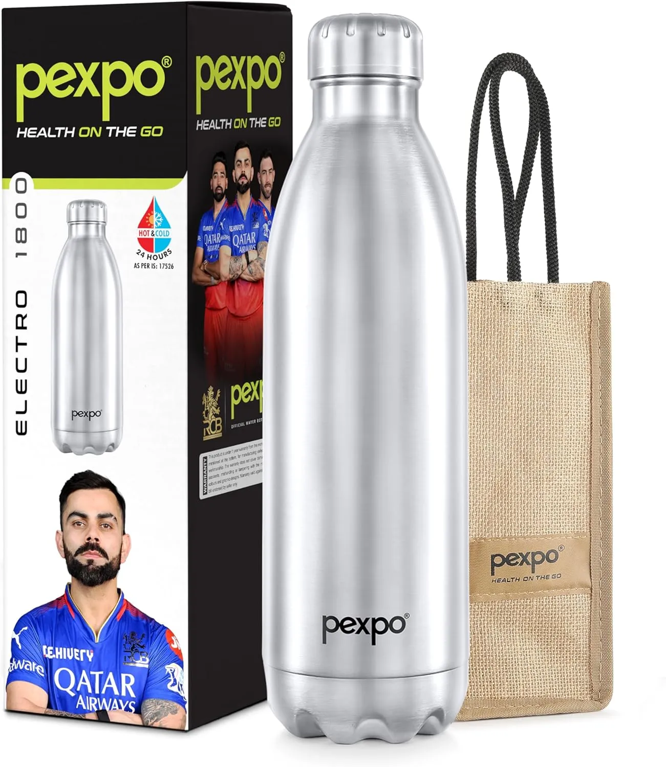 Stainless Steel 24 Hrs Hot & Cold Water Bottle-Advance Tri-ply Vacuum Insulated Flask, Double Walled, Leakproof, (Pack of 1, Silver Color, Capacity 1800 ml, Electro Bottle with Jute Bag)