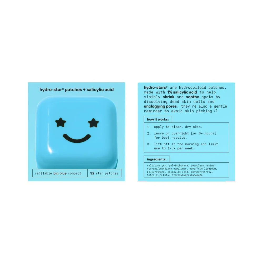 Starface Hydro-Star   Salicylic Acid Pimple Patches and Big Blue Compact, Helps Shrink and Soothe Deeper Spots, Cute Star Shape, Vegan, 32 count