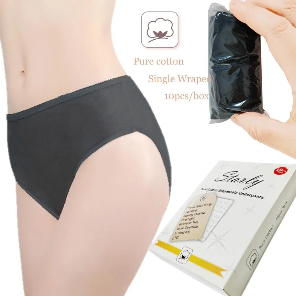 STARLY Women's Disposable Pure Cotton Underwear Travel Panties High Cut Briefs White/Macarons/Black (10pcs)
