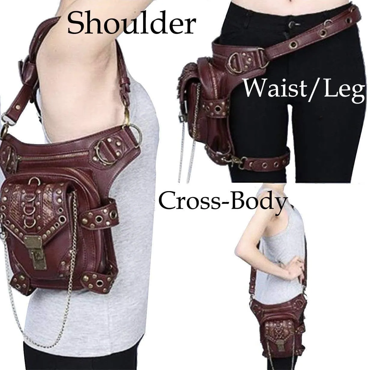 Steampunk Crossbody Shoulder Bag Messenger Gothic Waist Fanny Pack Chain Drop Leg Hip Holster Belt Purse Pouch