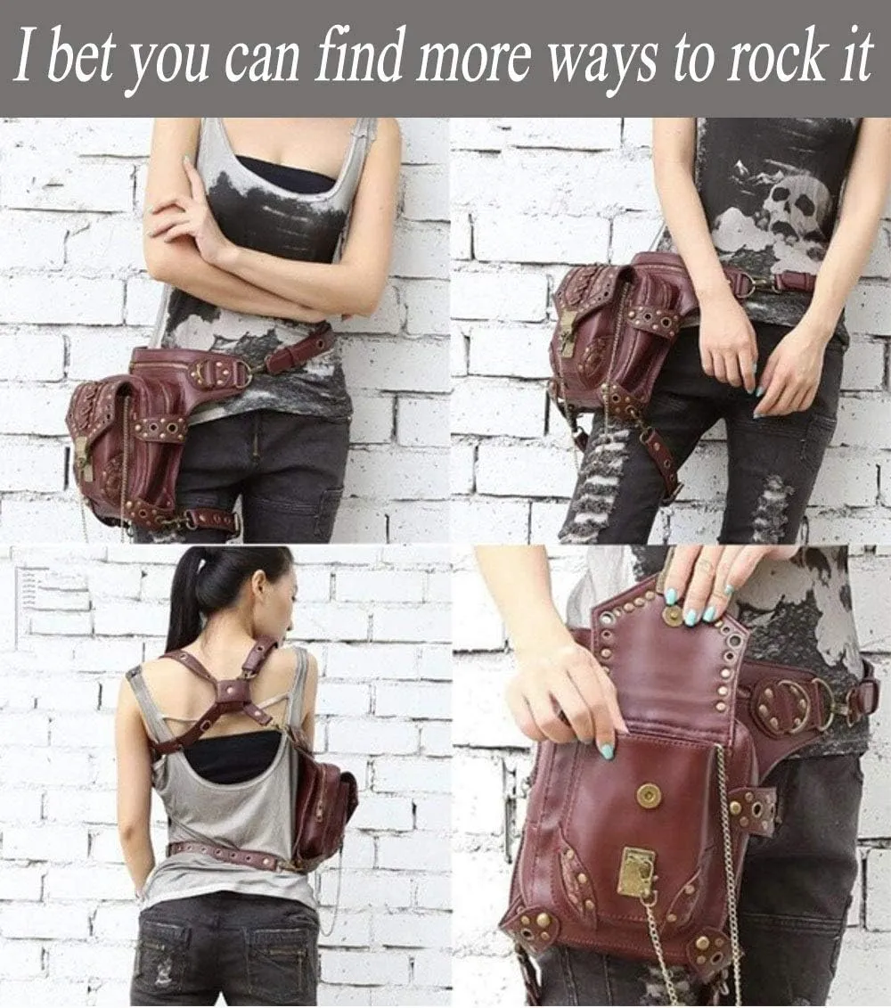 Steampunk Crossbody Shoulder Bag Messenger Gothic Waist Fanny Pack Chain Drop Leg Hip Holster Belt Purse Pouch