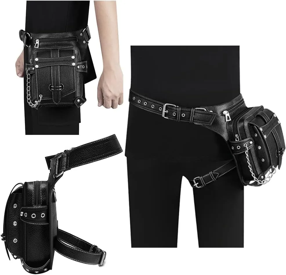 Steampunk Waist Bag Fanny Pack Fashion Gothic Leather Shoulder Crossbody Messenger Bags Thigh Leg Hip Holster Purse Travel Pouch Hiking Sport Chain Bags for Women Men