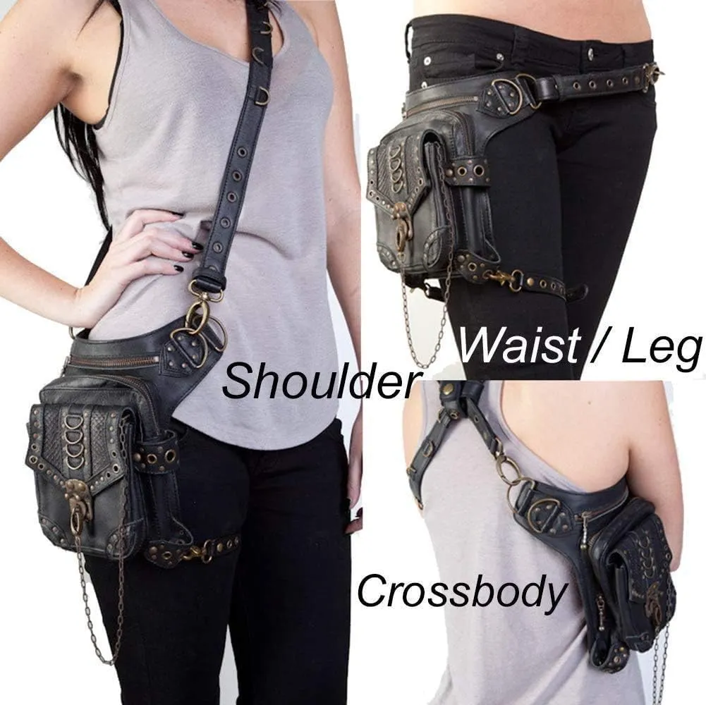Steampunk Waist Bag Fanny Pack Fashion Gothic Leather Shoulder Crossbody Messenger Bags Thigh Leg Hip Holster Purse Travel Pouch Hiking Sport Chain Bags for Women Men