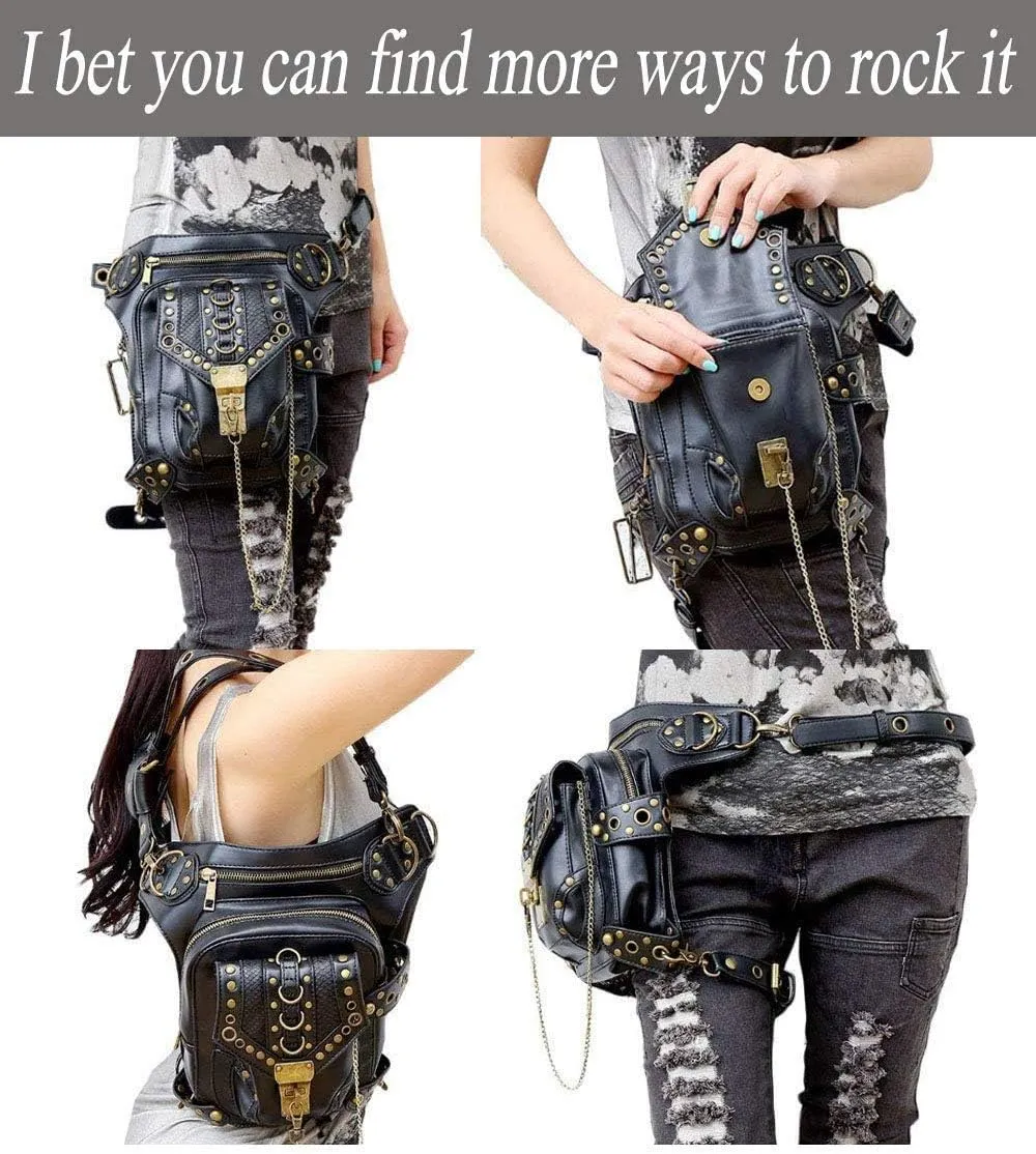 Steampunk Waist Bag Fanny Pack Fashion Gothic Leather Shoulder Crossbody Messenger Bags Thigh Leg Hip Holster Purse Travel Pouch Hiking Sport Chain Bags for Women Men