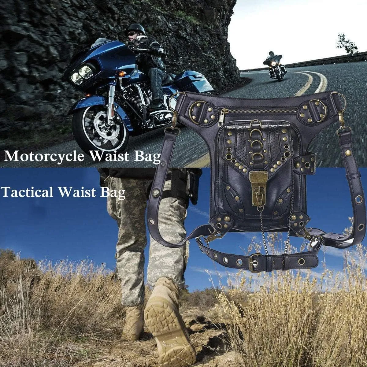 Steampunk Waist Bag Fanny Pack Fashion Gothic Leather Shoulder Crossbody Messenger Bags Thigh Leg Hip Holster Purse Travel Pouch Hiking Sport Chain Bags for Women Men