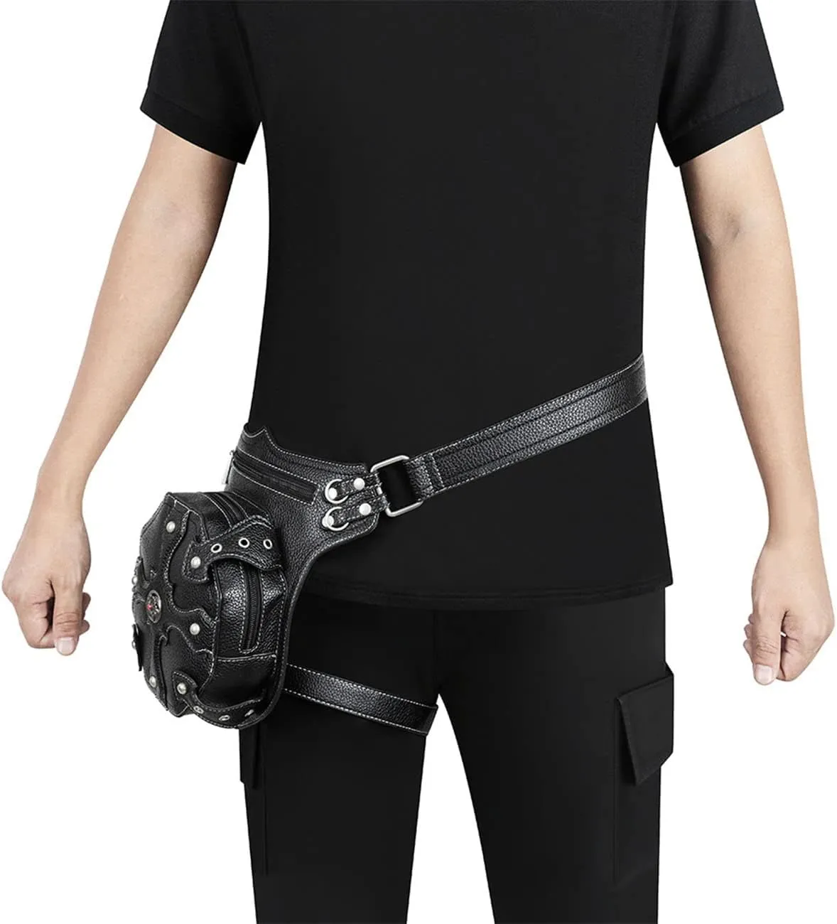 Steampunk Waist Bag Fanny Pack Fashion Gothic Leather Shoulder Crossbody Messenger Bags Thigh Leg Hip Holster Purse Travel Pouch Hiking Sport Chain Bags for Women Men