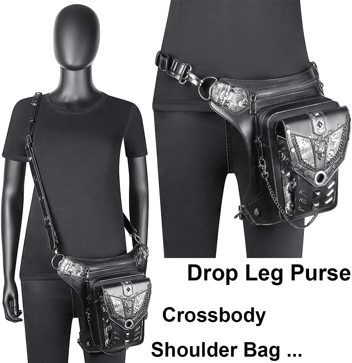 Steampunk Waist Bag Fanny Pack Fashion Gothic Leather Shoulder Crossbody Messenger Bags Thigh Leg Hip Holster Purse Travel Pouch Hiking Sport Chain Bags for Women Men