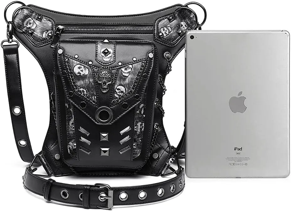 Steampunk Waist Bag Fanny Pack Fashion Gothic Leather Shoulder Crossbody Messenger Bags Thigh Leg Hip Holster Purse Travel Pouch Hiking Sport Chain Bags for Women Men