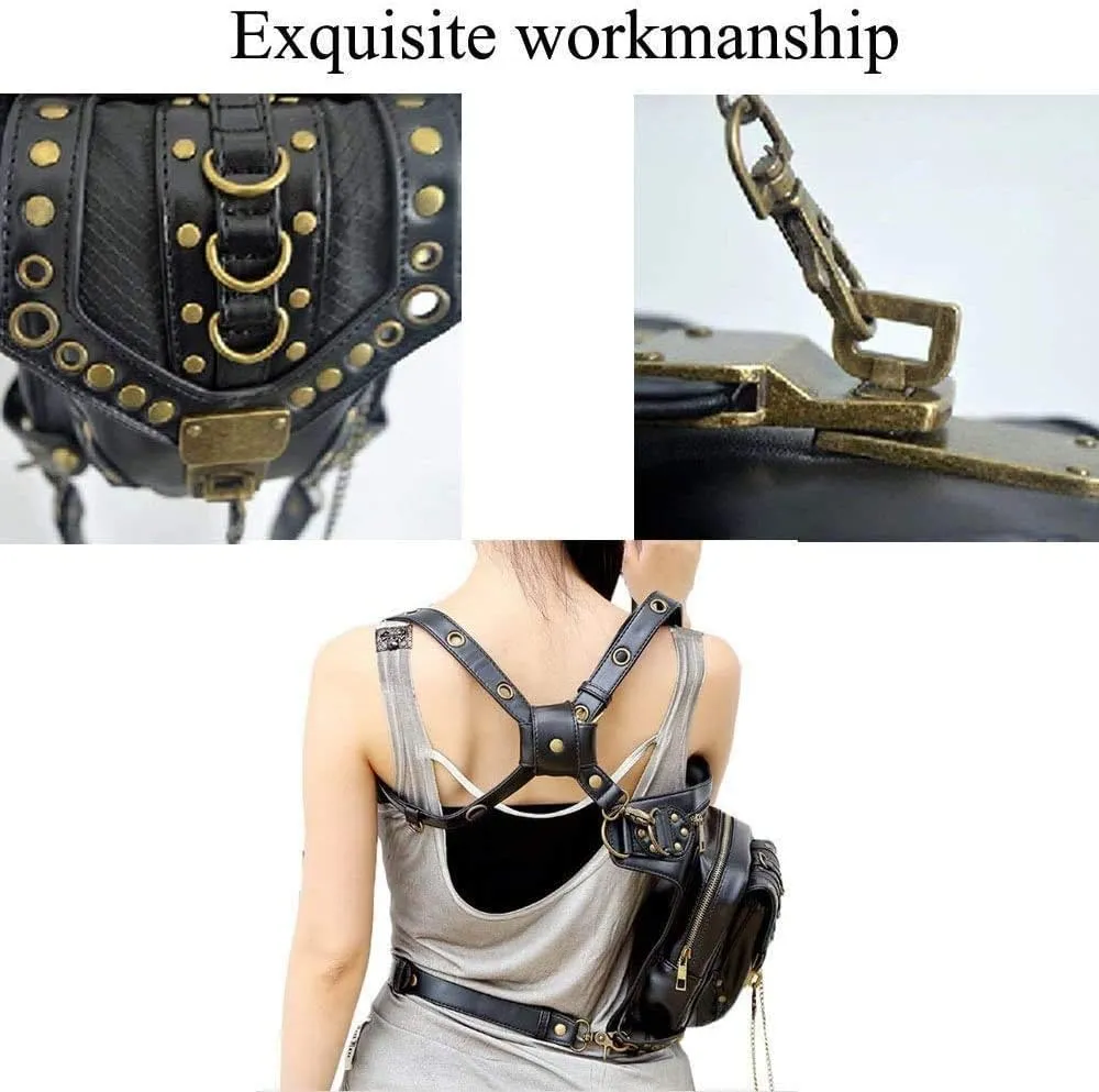 Steampunk Waist Bag Fanny Pack Fashion Gothic Leather Shoulder Crossbody Messenger Bags Thigh Leg Hip Holster Purse Travel Pouch Hiking Sport Chain Bags for Women Men