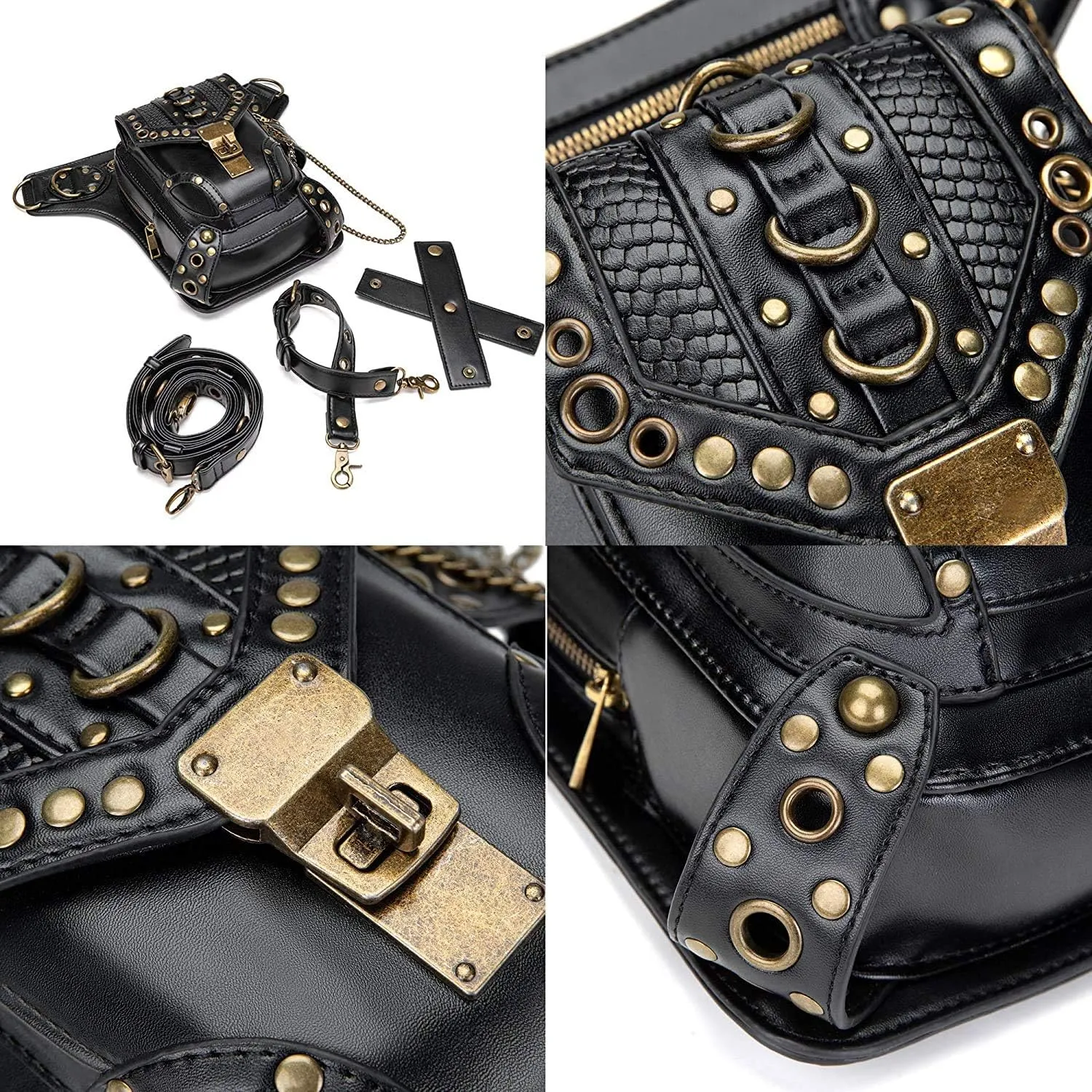 Steampunk Waist Bag Fanny Pack Fashion Gothic Leather Shoulder Crossbody Messenger Bags Thigh Leg Hip Holster Purse Travel Pouch Hiking Sport Chain Bags for Women Men