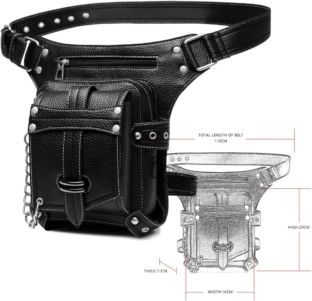 Steampunk Waist Bag Fanny Pack Fashion Gothic Leather Shoulder Crossbody Messenger Bags Thigh Leg Hip Holster Purse Travel Pouch Hiking Sport Chain Bags for Women Men