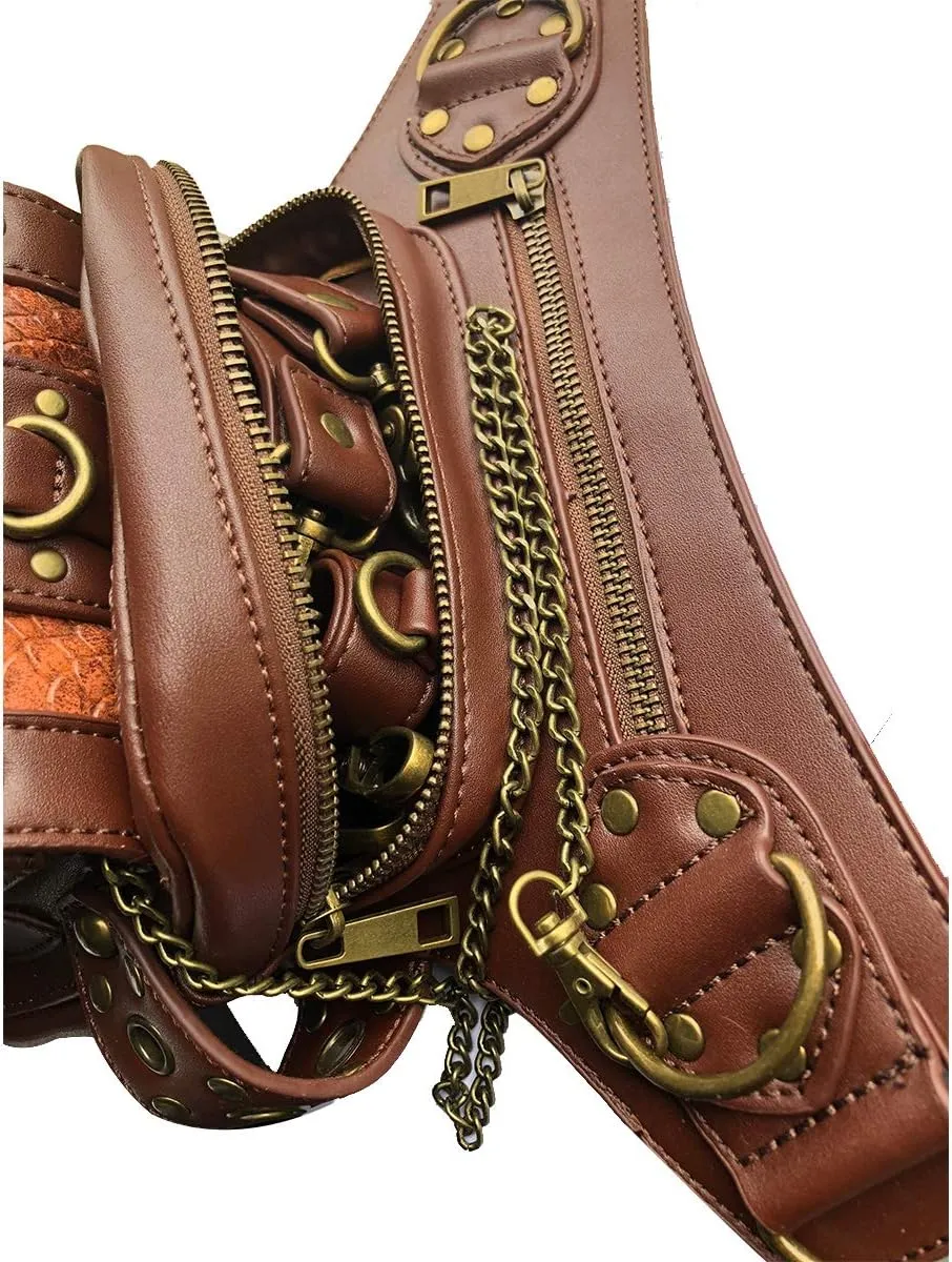 Steampunk Waist Bag Fanny Pack Fashion Gothic Leather Shoulder Crossbody Messenger Bags Thigh Leg Hip Holster Purse Travel Pouch Hiking Sport Chain Bags for Women Men