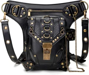 Steampunk Waist Bag Fanny Pack Fashion Gothic Leather Shoulder Crossbody Messenger Bags Thigh Leg Hip Holster Purse Travel Pouch Hiking Sport Chain Bags for Women Men
