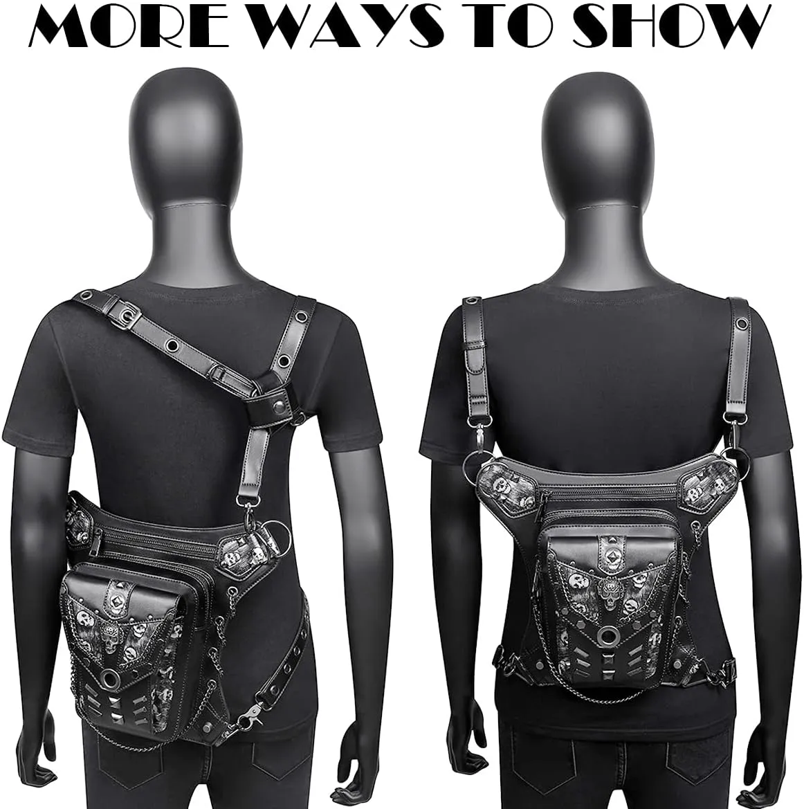 Steampunk Waist Bag Fanny Pack Fashion Gothic Leather Shoulder Crossbody Messenger Bags Thigh Leg Hip Holster Purse Travel Pouch Hiking Sport Chain Bags for Women Men
