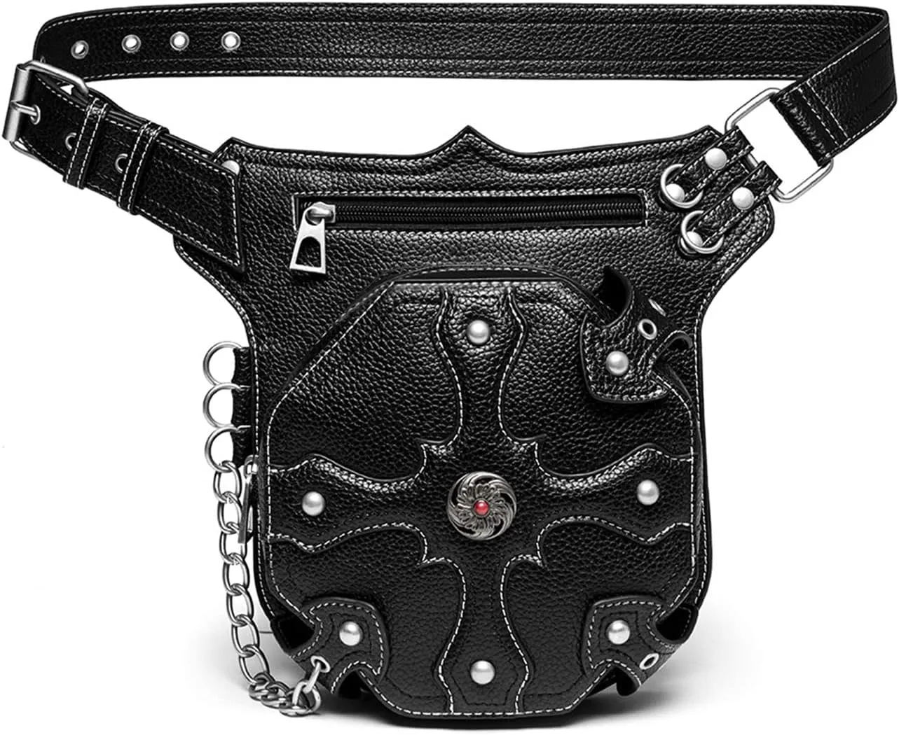 Steampunk Waist Bag Fanny Pack Fashion Gothic Leather Shoulder Crossbody Messenger Bags Thigh Leg Hip Holster Purse Travel Pouch Hiking Sport Chain Bags for Women Men
