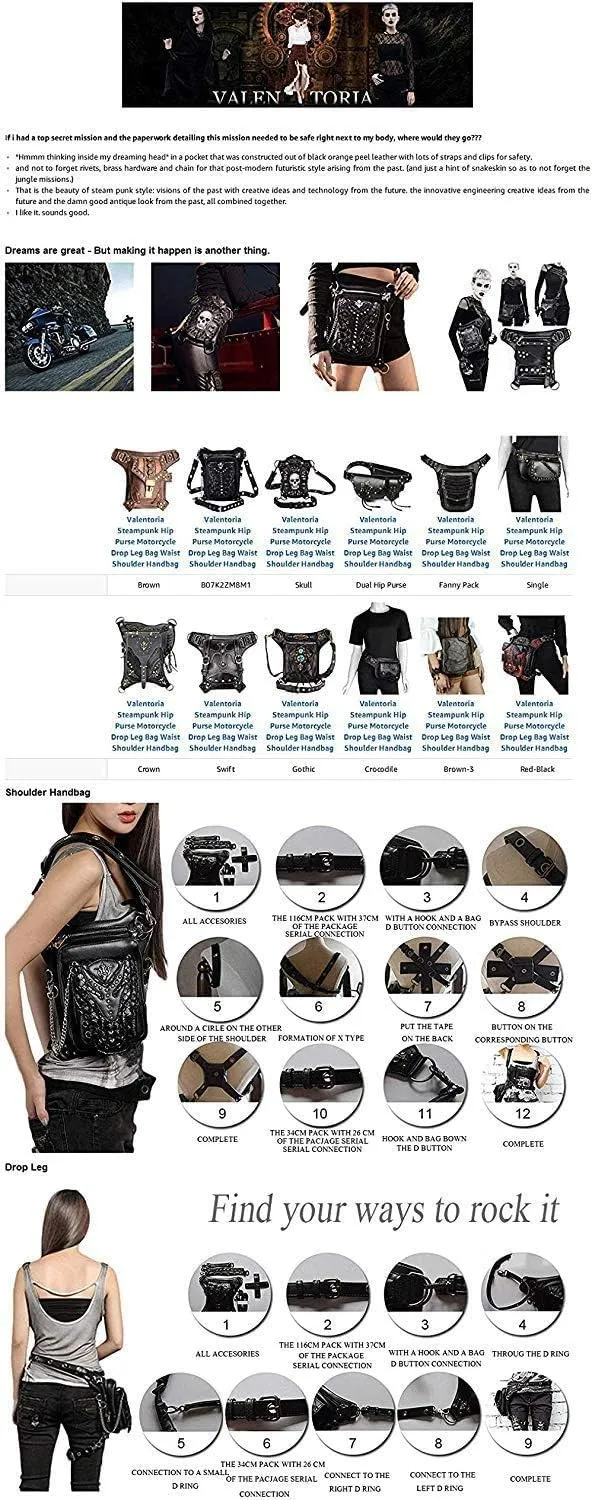 Steampunk Waist Bag Fanny Pack Fashion Gothic Leather Shoulder Crossbody Messenger Bags Thigh Leg Hip Holster Purse Travel Pouch Hiking Sport Chain Bags for Women Men