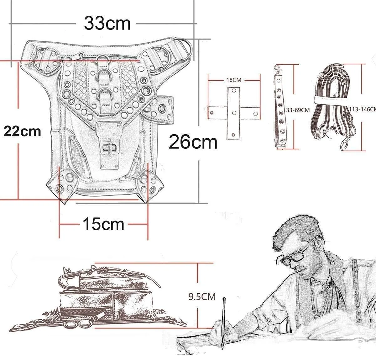 Steampunk Waist Bag Fanny Pack Fashion Gothic Leather Shoulder Crossbody Messenger Bags Thigh Leg Hip Holster Purse Travel Pouch Hiking Sport Chain Bags for Women Men