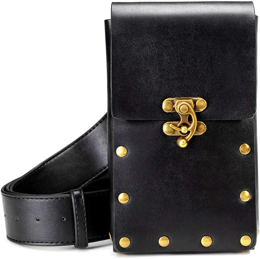 Steampunk Waist Pack Hip Belt Bag Vintage Gothic Retro Women Travel Purse Motorcycle Bag Stud Rivet Buckle Fashion (Black)